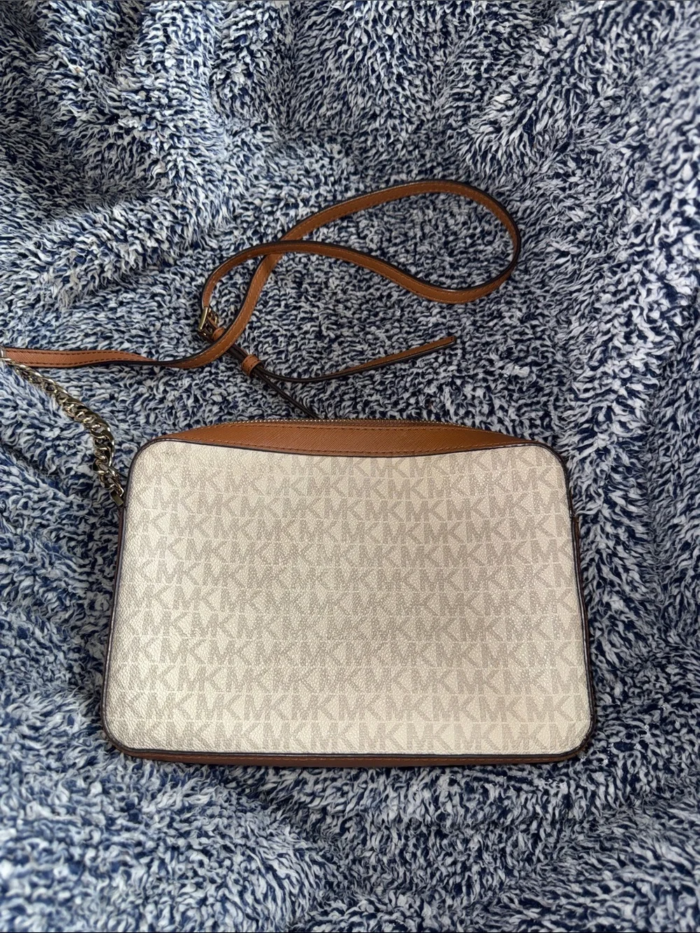 Michael Kors Cream and Brown MK Logo Crossbody